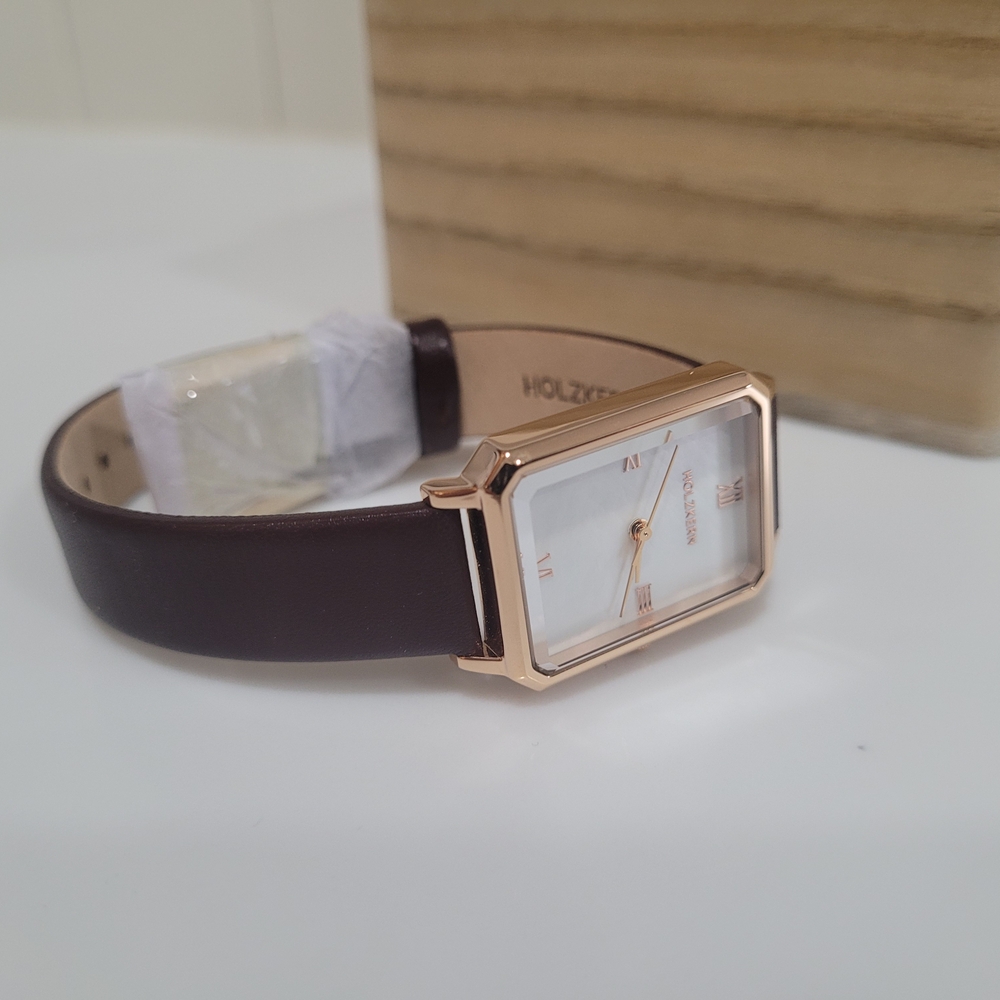 Brown and White Leather Watch with Rectangular Face